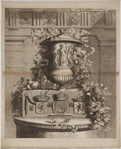 Ornamentprent. Antieke vaas met bloemstuk op een sokkel.